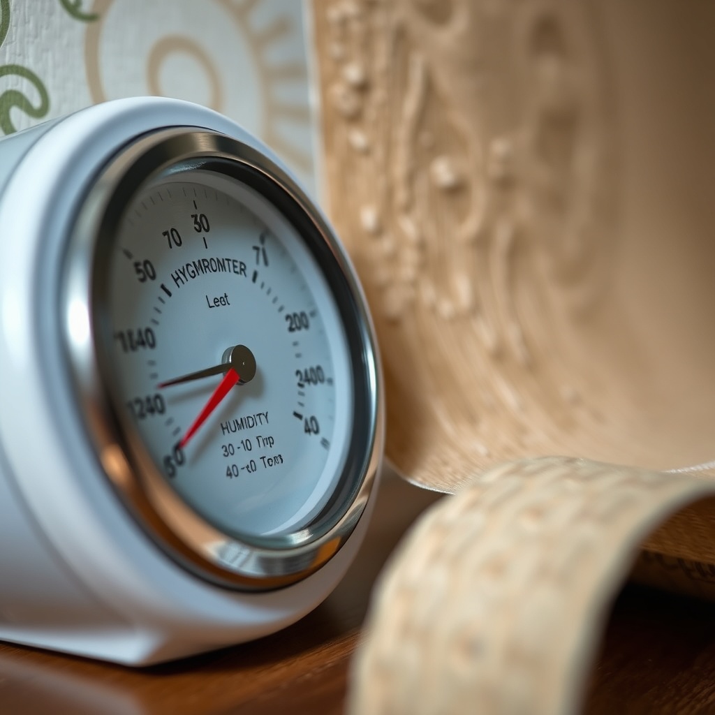 실내 습도계와 벽지 표면의 질감을 대조하여 보여주는 이미지