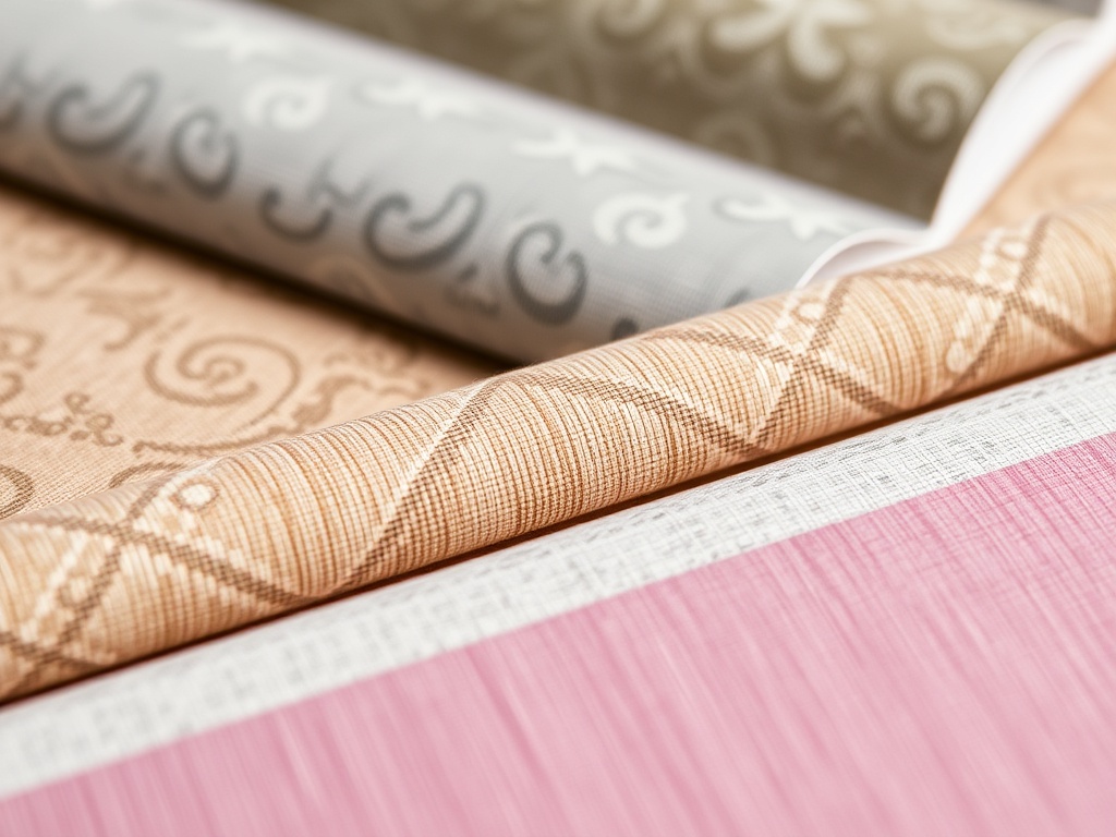 다양한 질감과 색상을 가진 벽지 샘플 북이 펼쳐져 있어 소비자가 소재의 차이를 직접 비교하는 모습